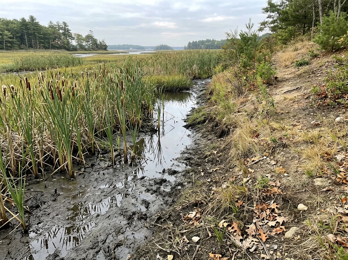 Wetland edge showing waterlogged mud and marsh plants next to drier upland soil.