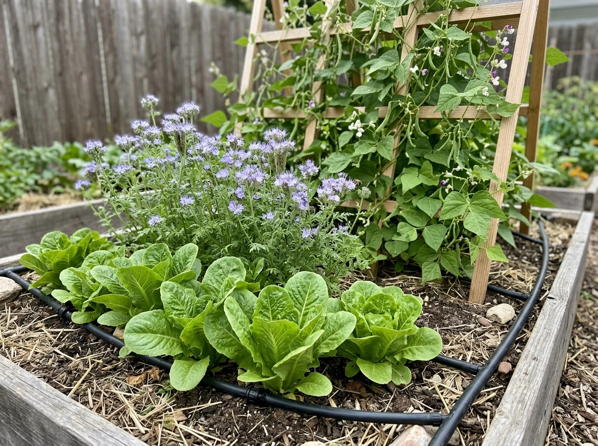 Mixed garden bed showing different plants thriving together with drip irrigation and mulch.
