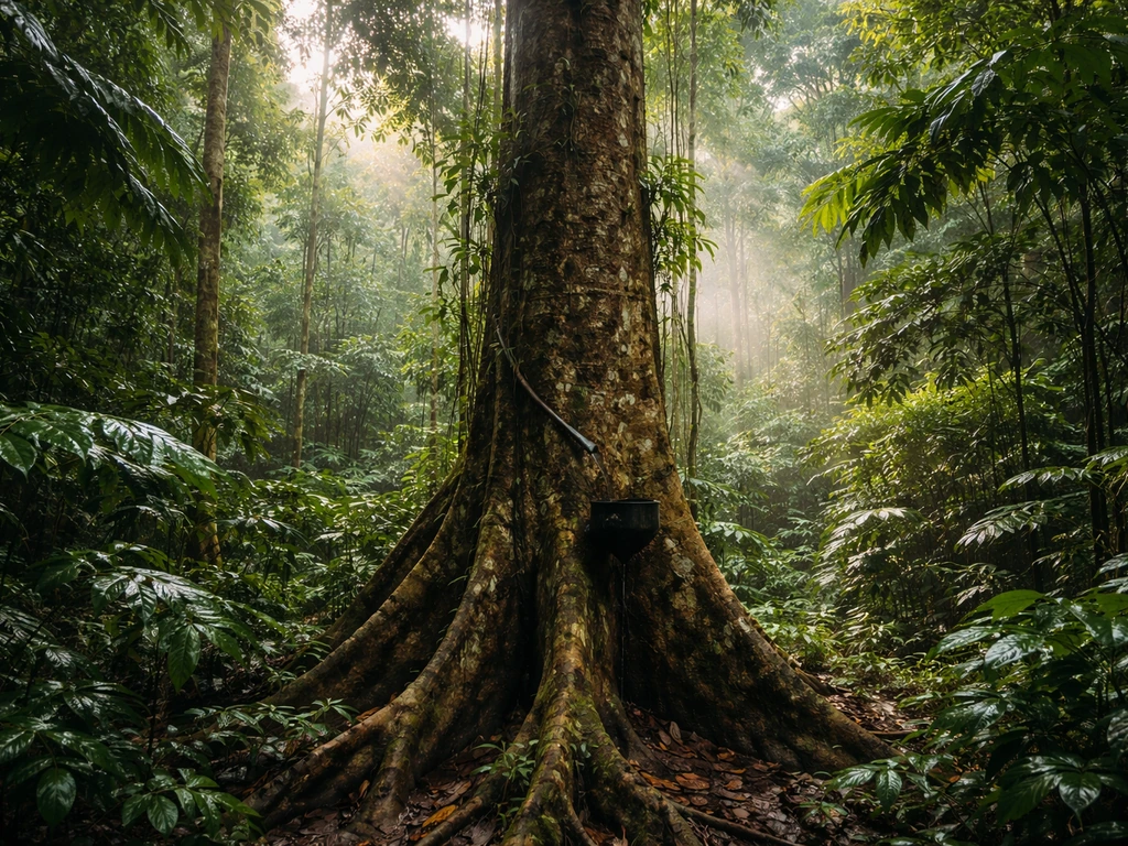 Rubber tree standing in the humid Amazon rainforest with lush green canopy and misty light.