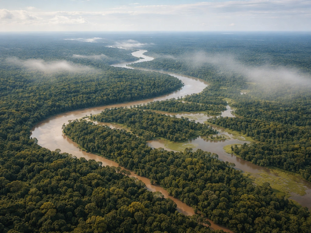 Aerial view of lush Amazon rainforest highlighting Brazil’s central lowlands and rivers.