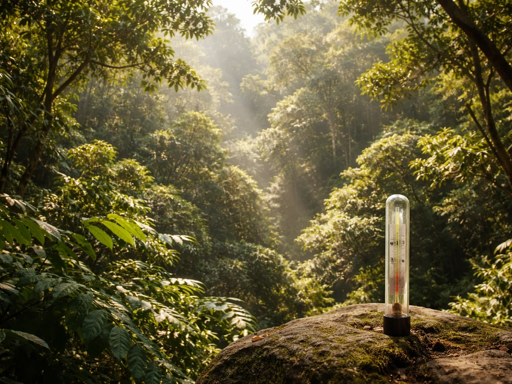 Sunlit Amazon rainforest canopy with a close-by warm thermometric gauge showing steady warmth.