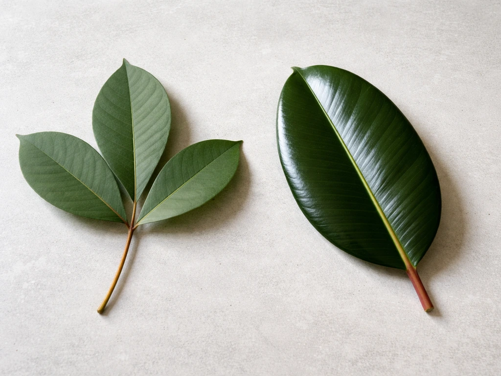 Two rubber plant leaves side-by-side showing matte Hevea texture vs glossy Ficus elastica sheen.