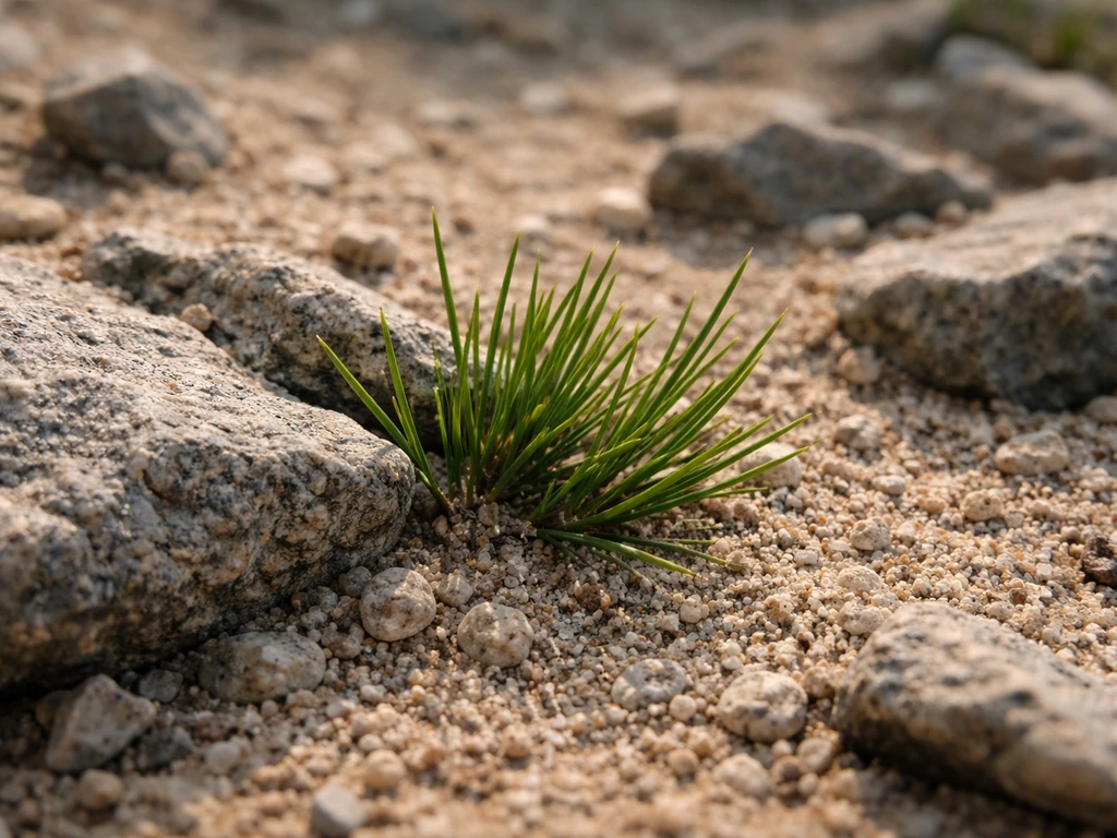 Needle-like green leaves sprouting from sandy rocks in a dry, arid habitat