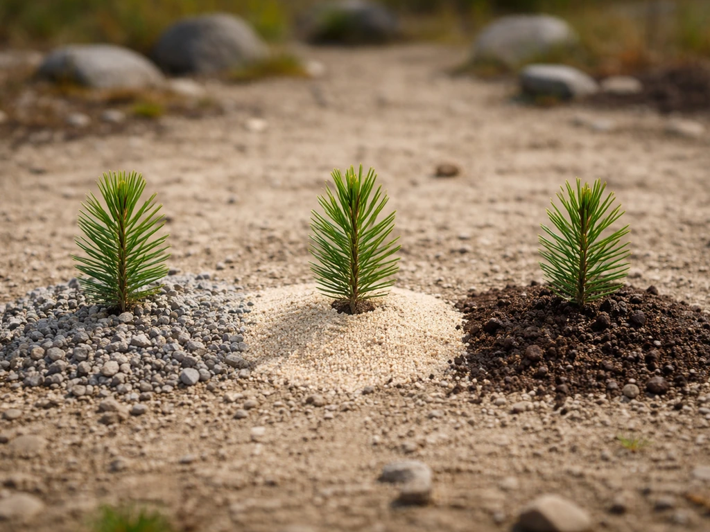 Needle-like leaf plants growing in separate rocky, sandy, and dark-soil habitat patches outdoors.