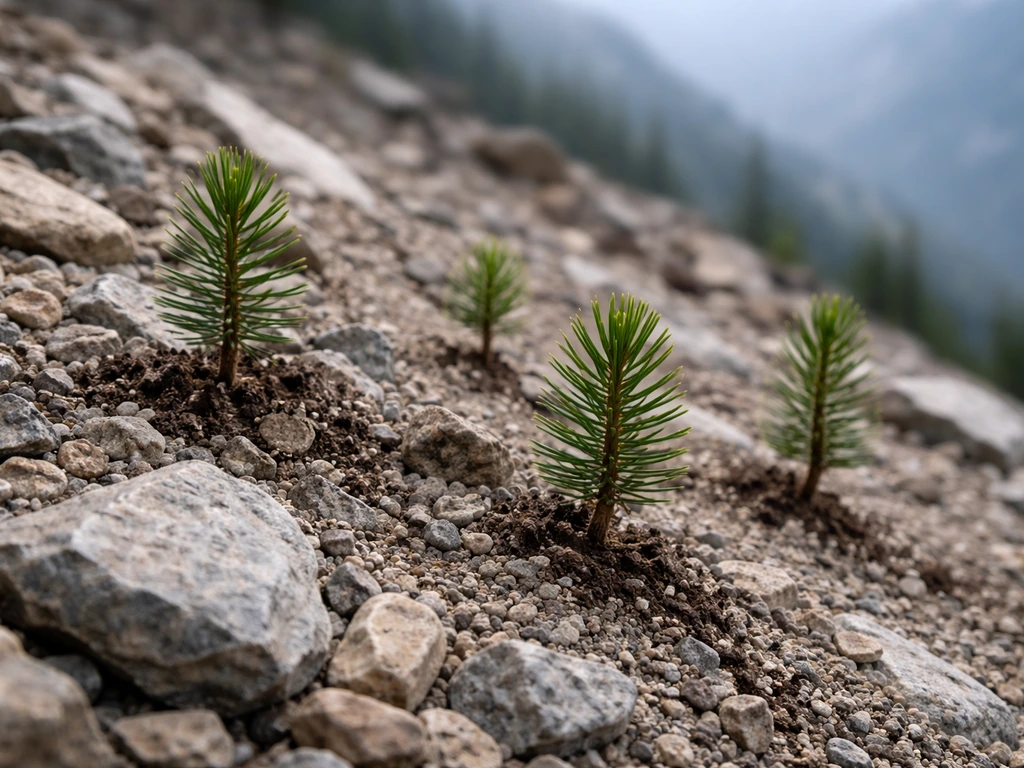 Needle-leaf conifer seedlings sprouting among alpine rocks on a steep mountain slope