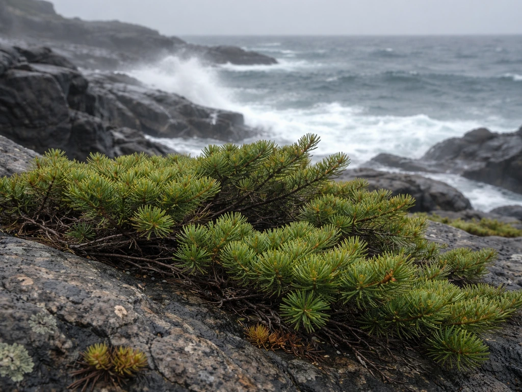 Wind-shaped coastal rocky shoreline with low conifer-like plants and needle leaves thriving in salt spray.