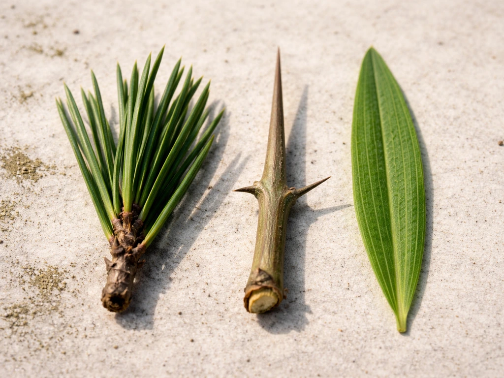 Close-up of three plant parts side-by-side: conifer needles, a spine, and a narrow leaf.