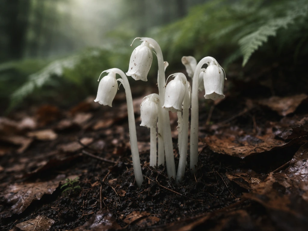 Indian pipe (ghost plant) emerging from shaded forest duff, waxy white stems and drooping flowers.