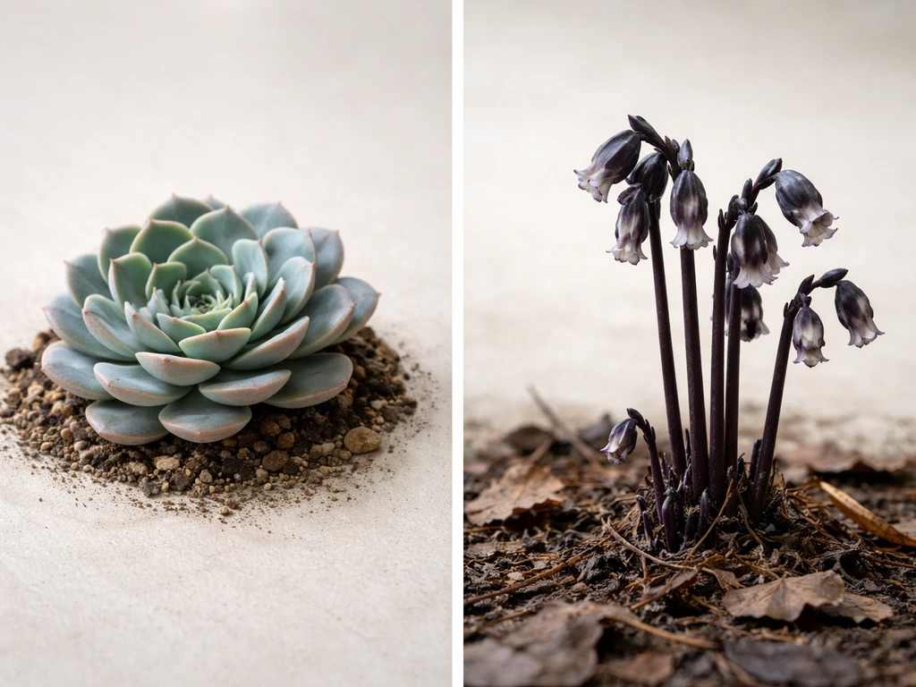Two close-up plants side-by-side: a fleshy rosette ghost plant and a dark Indian pipe flower, on neutral background.