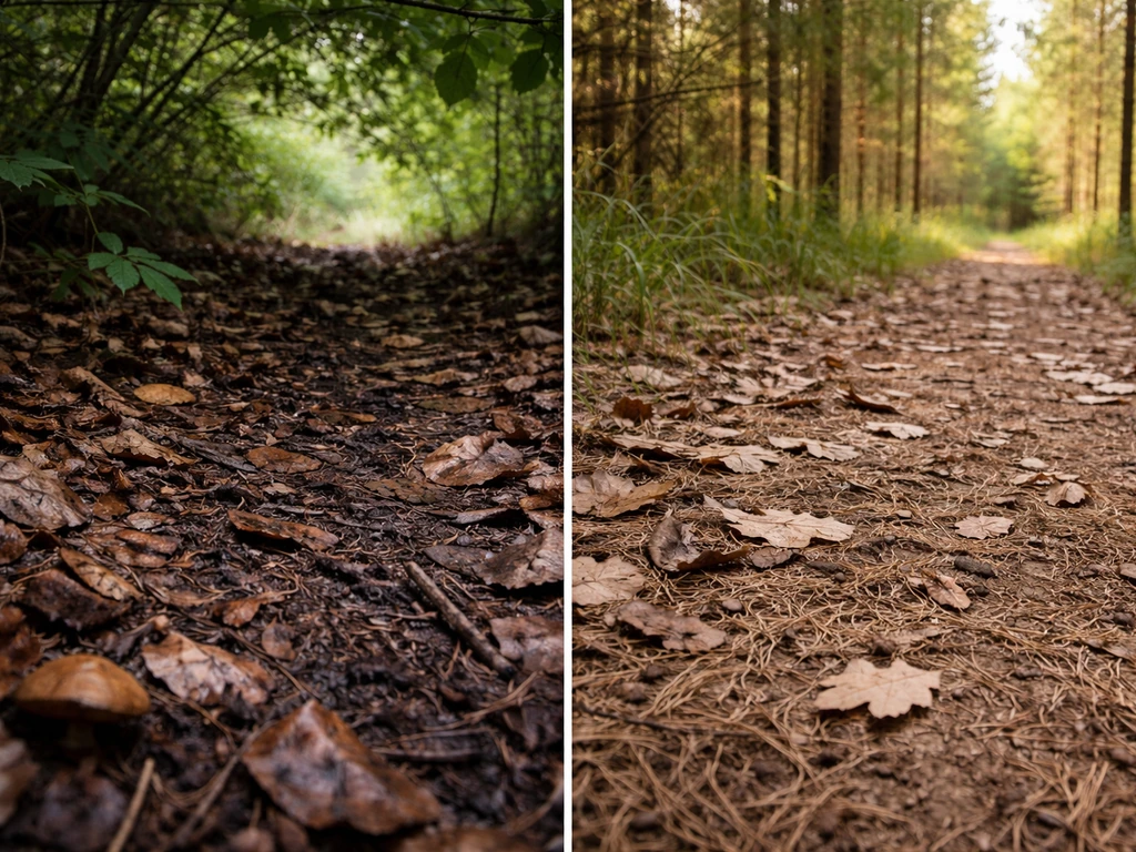 Ground view of shaded woodland duff with decaying leaves, contrasting with a brighter young edge area
