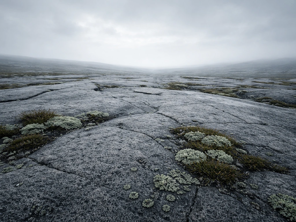 Bare rock newly exposed by a glacier, with small lichen and moss patches beginning to colonize across the surface.