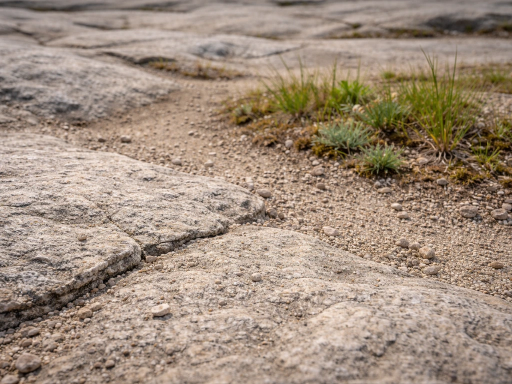 Exposed bedrock with scattered bare mineral patches next to a small recovering vegetated area.