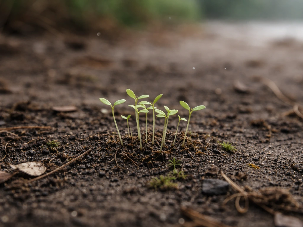 Tiny seedlings emerging from a thin organic layer of biocrust on damp ground.