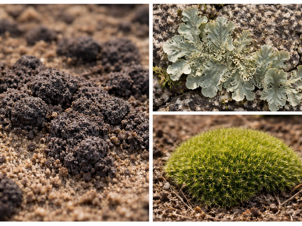 Close-ups of biocrust, lichen thallus, and moss cushions on bare ground showing texture and color.