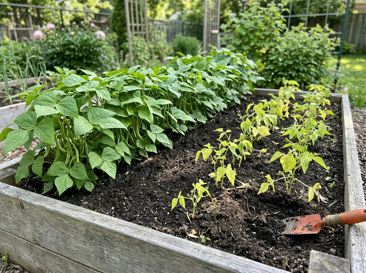 Mixed garden bed showing struggling plants beside a thriving neighbor with light and root pressure clues