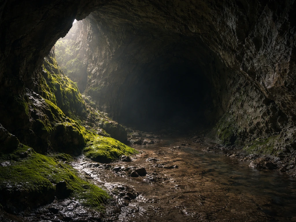 Moody cave interior with moss and algae growing along a light gradient from entrance to dark areas.