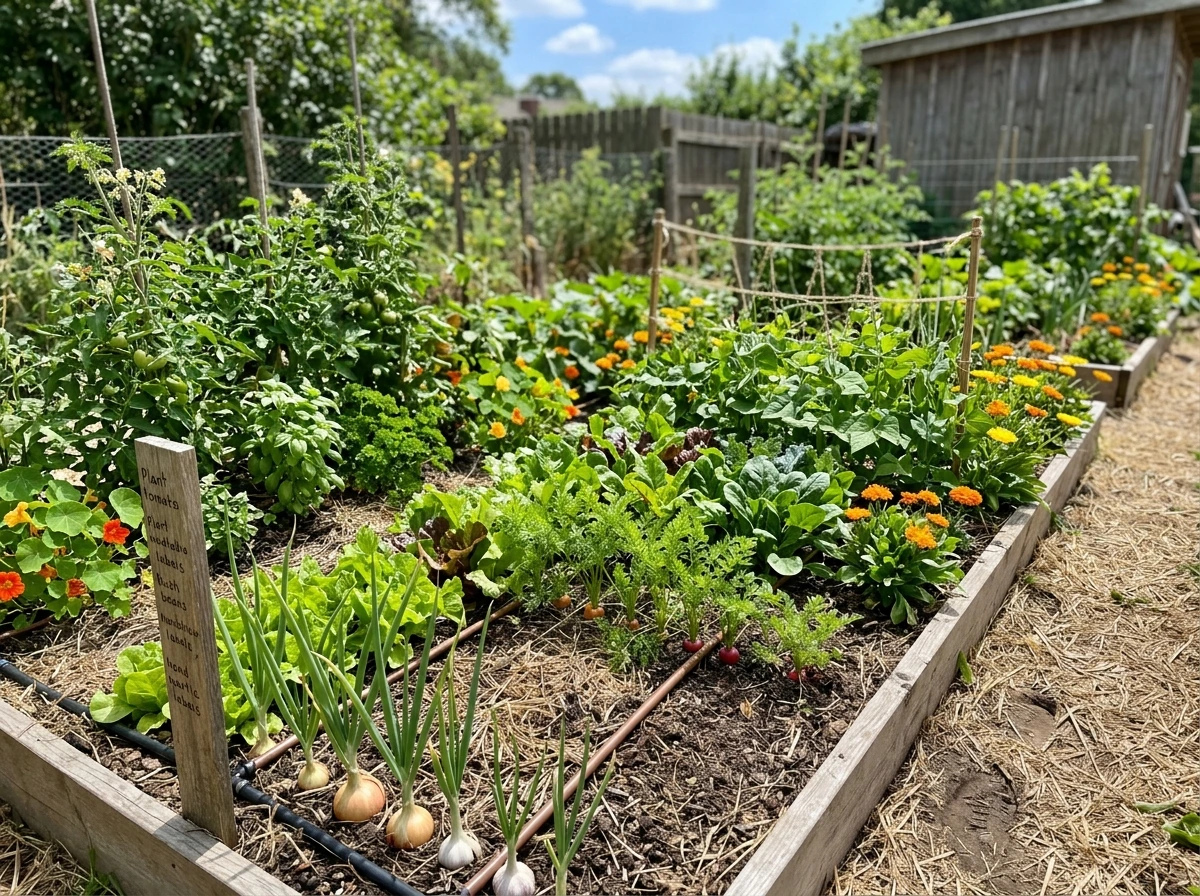 Mixed companion vegetable bed showing thriving neighboring crops with mulch and drip irrigation