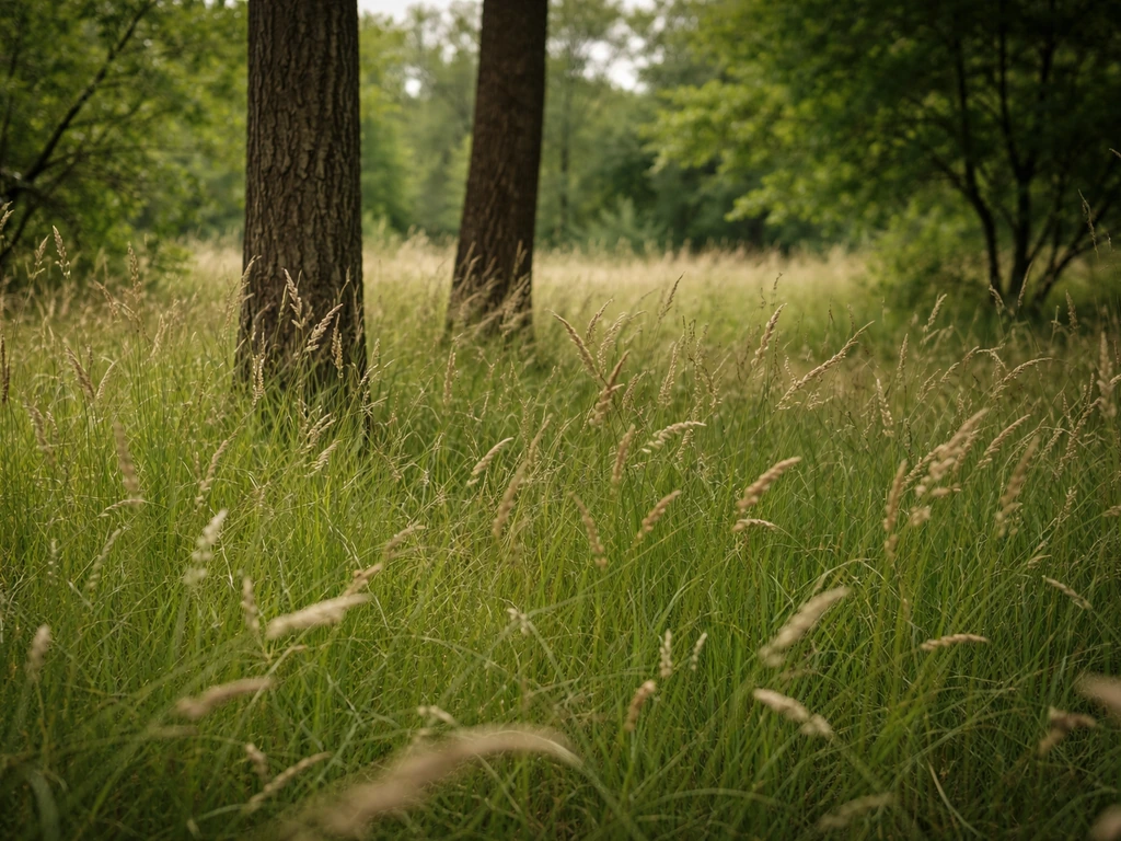 Tall meadow grasses fill the area around the bases of trees and shrubs in a natural understory.