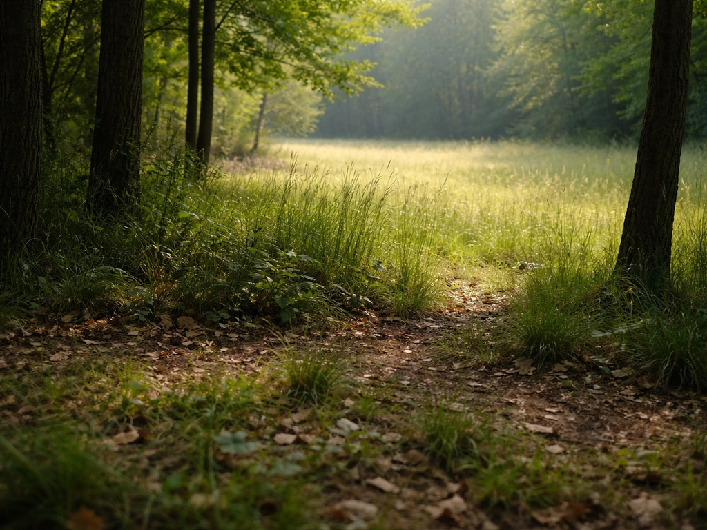 Forest understory and tree base showing three distinct grass-height zones near a meadow edge.