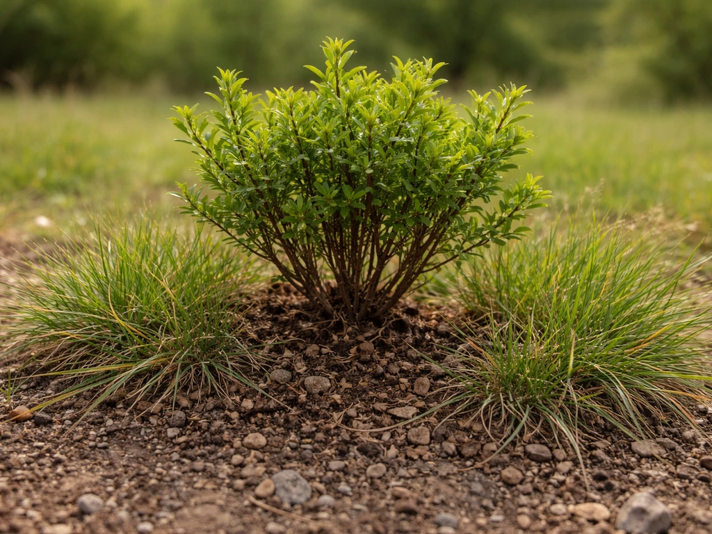 Close-up of grass and groundcover growing right around the base of a shrub with soil visible.