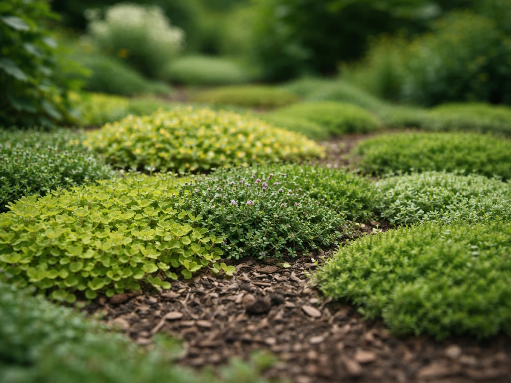 Low-growing garden groundcover forming a dense green mat with small leaves and soil visible.