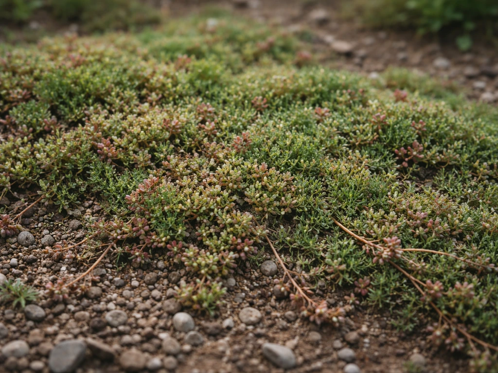 Close-up of low groundcovers spreading horizontally with thyme and sedum-like texture and tiny blooms.