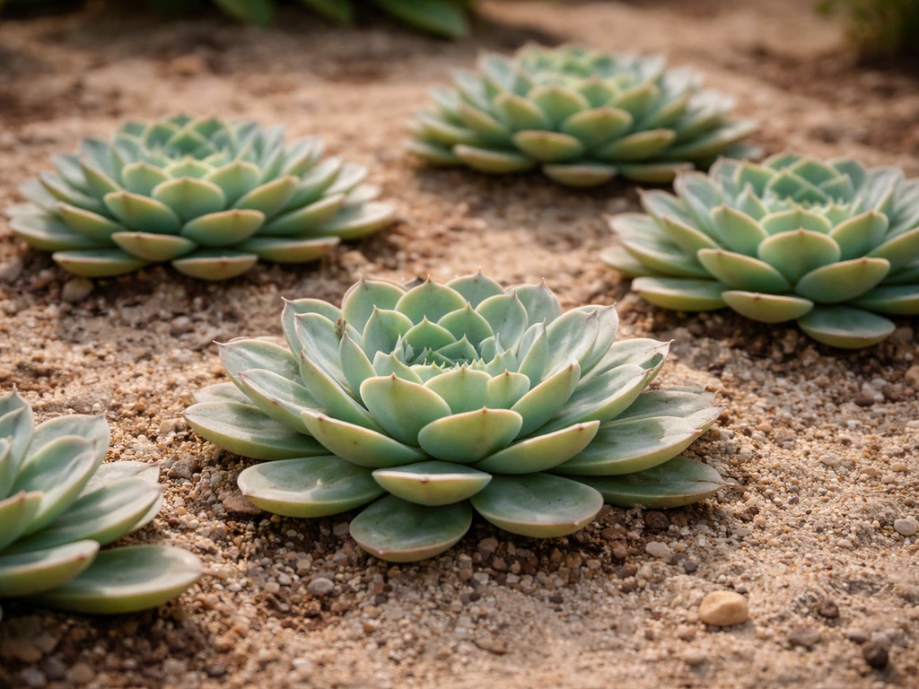 Close-up of rosette-forming plants growing side-by-side, leaves spread outward in a minimal natural setting.