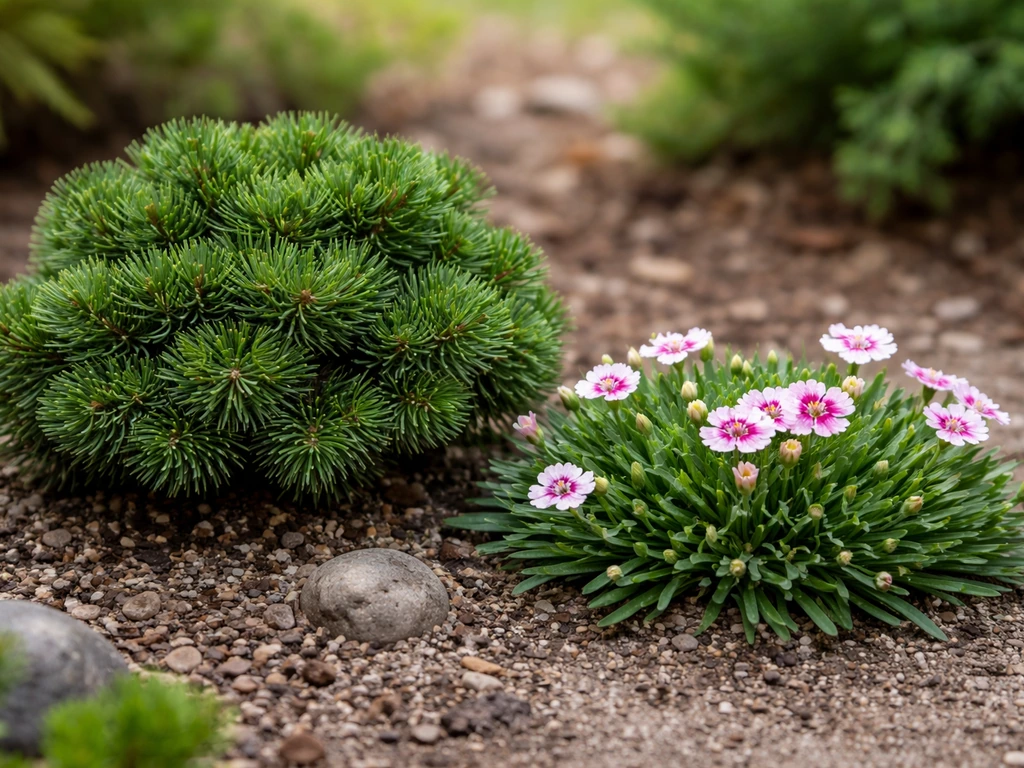 Two low-growing dwarf plants side by side: a compact conifer and a small flowering perennial.