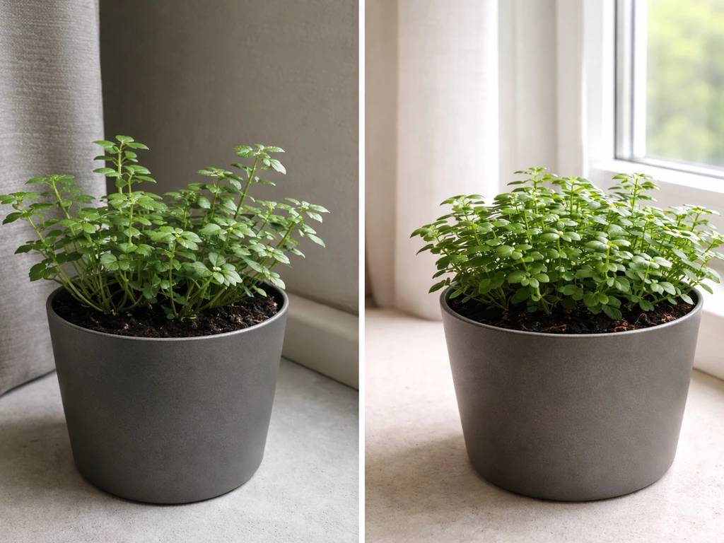Two potted groundcover plants: stretched in low light on the left, compact in brighter light on the right.