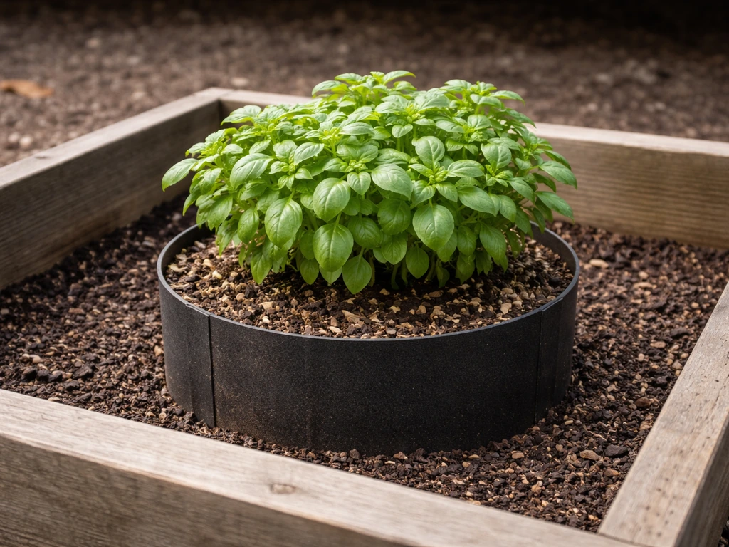 Compact potted plant in a raised bed with visible potting mix showing root restriction to limit height