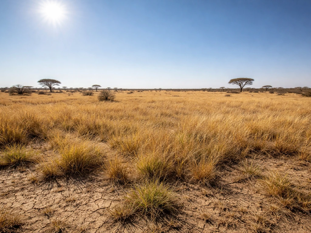 Hot dry savanna grassland with golden grasses and sparse shrubs under intense sunlight