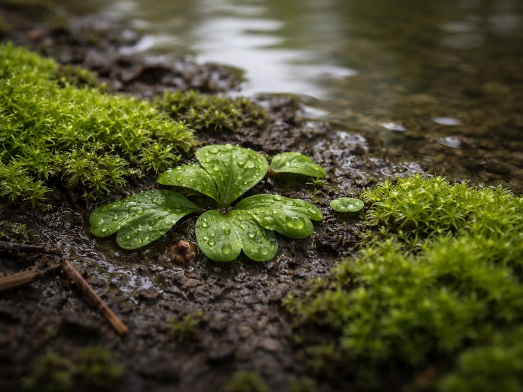 Close-up of bryophyte-like moss and hornwort analogs spreading across damp soil in a shallow puddle