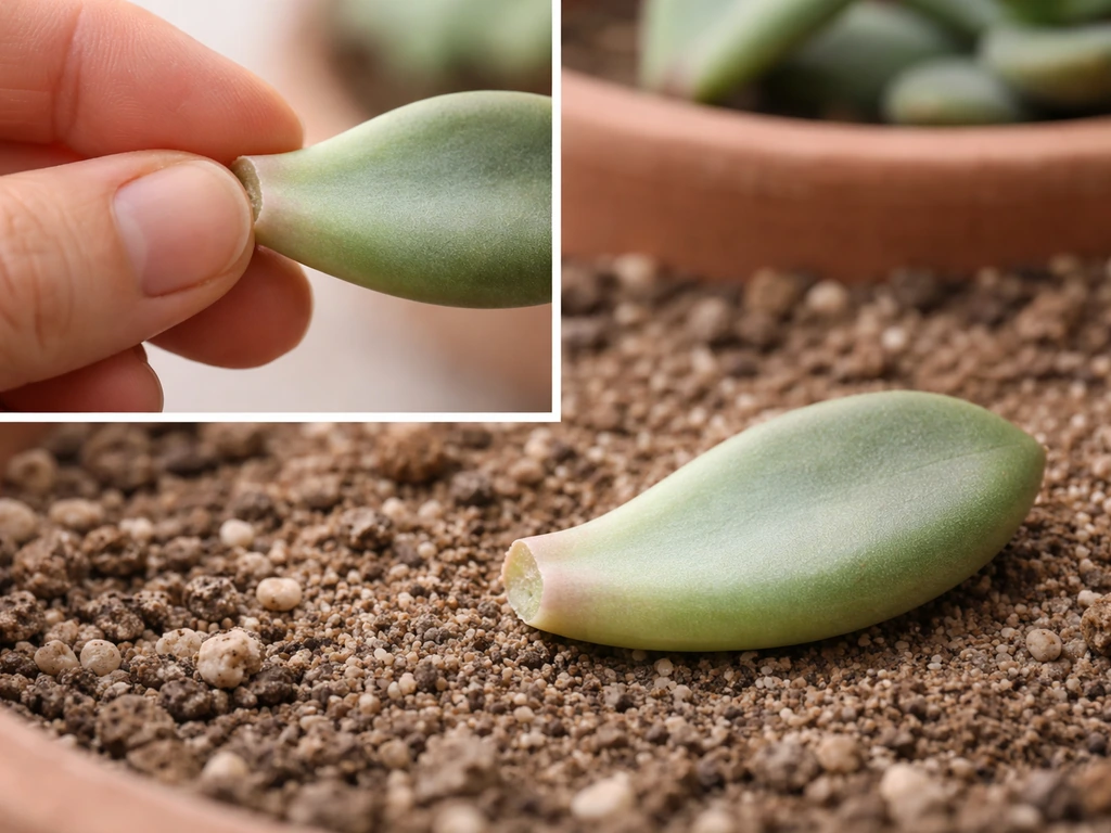 Close-up of a succulent leaf being snapped, then lying on dry soil to callus before rooting.