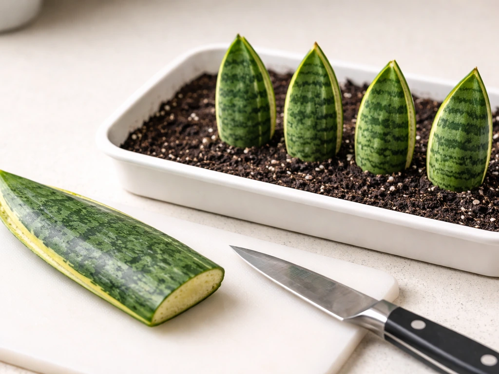 Close-up of snake plant leaf cut into small sections, with top ends placed to root in soil