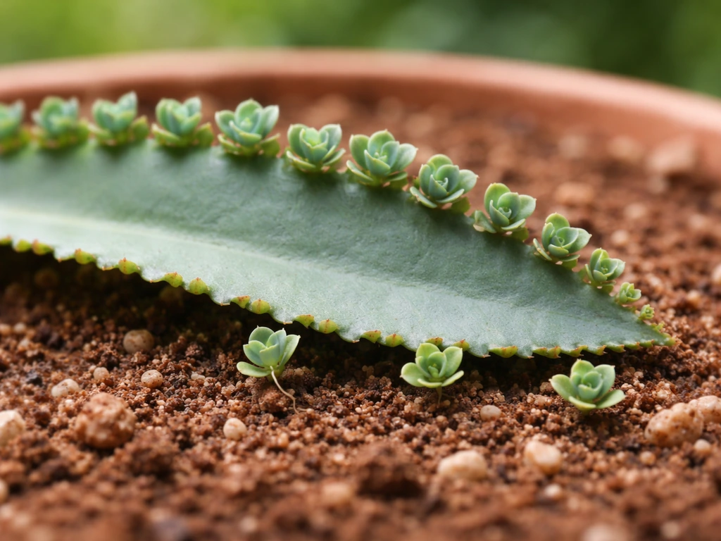 Close-up of kalanchoe leaf margins with tiny detached plantlets rooting in potting soil.