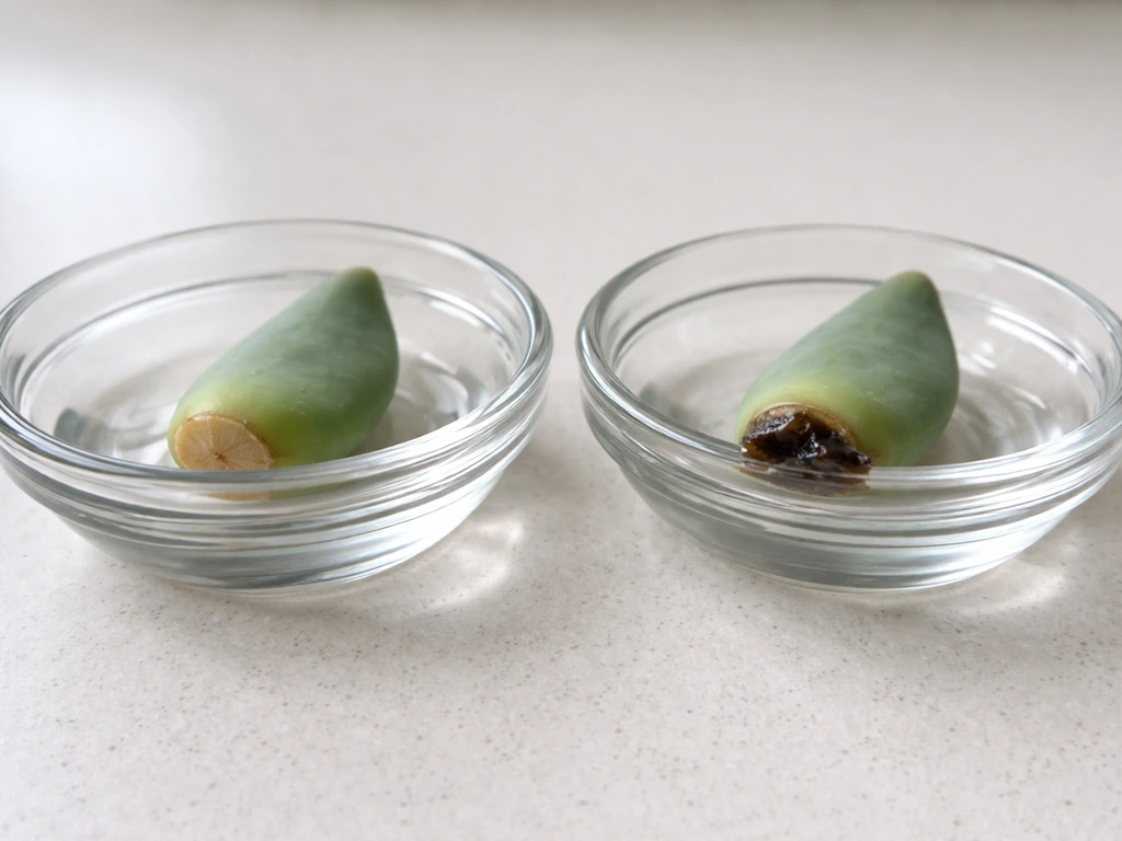 Two succulent leaf cuttings side by side: left callused and dry, right moist and rotting at the cut end.