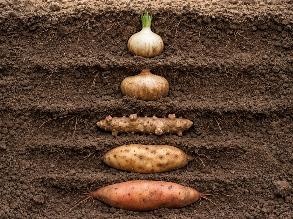 Cutaway soil layers revealing bulb, corm, rhizome, tuber, and storage root tuber.