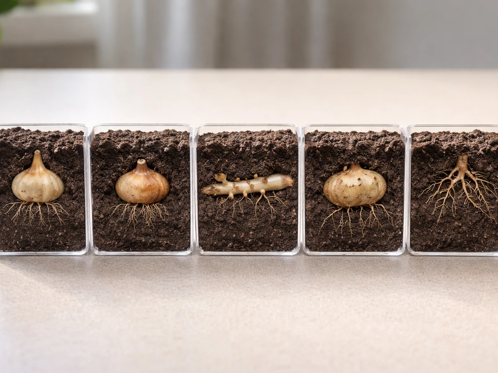 Five soil cross-sections side-by-side showing true bulbs, corms, rhizomes, stem tubers, and tuberous roots.