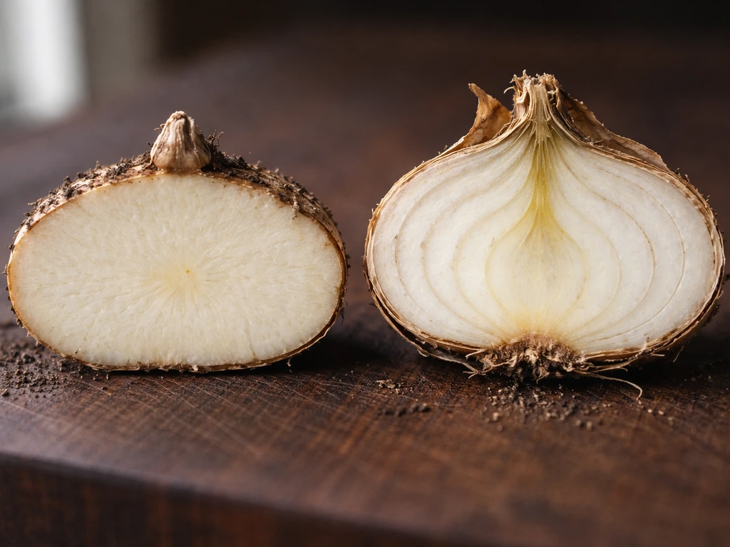 Side-by-side cut corm and true bulb showing solid stem versus layered bulb rings.