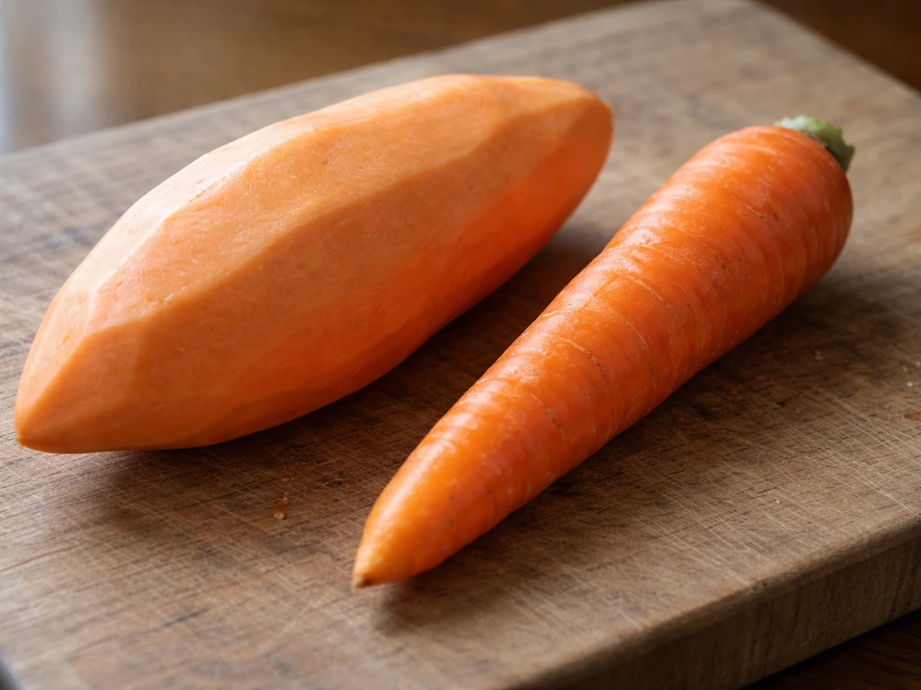 Fresh sweet potatoes and carrots on a simple wooden surface, showing fleshy storage-root shapes