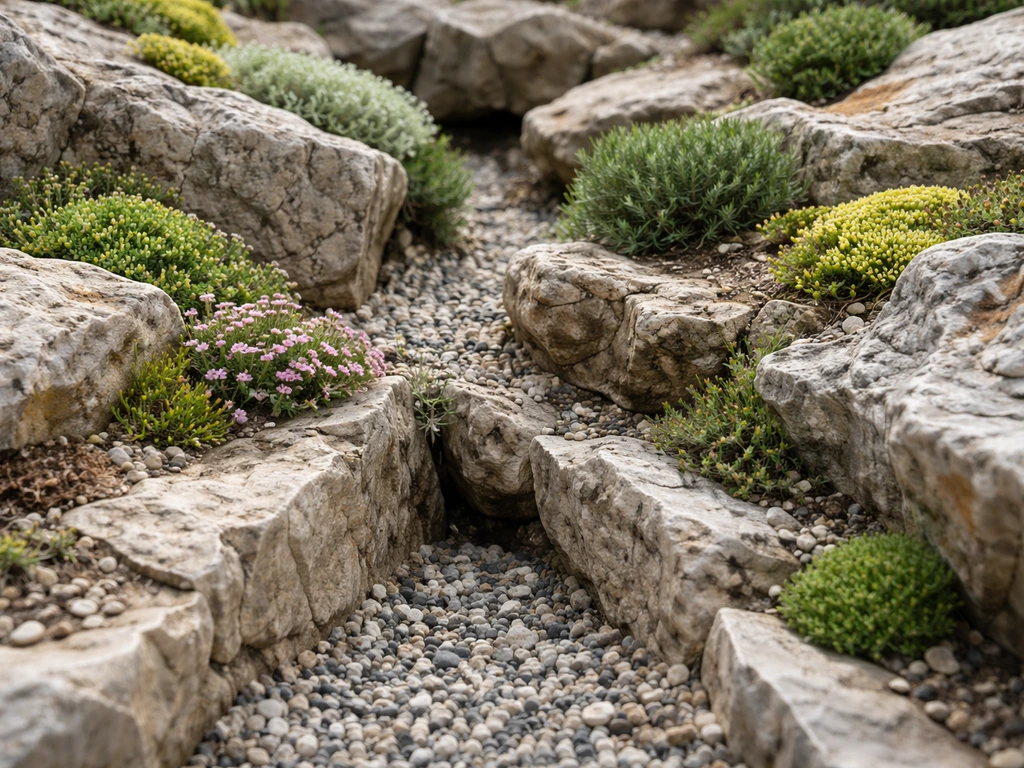 Hardy plants thriving in a rocky garden with gravel, stones, crevices, and thin soil