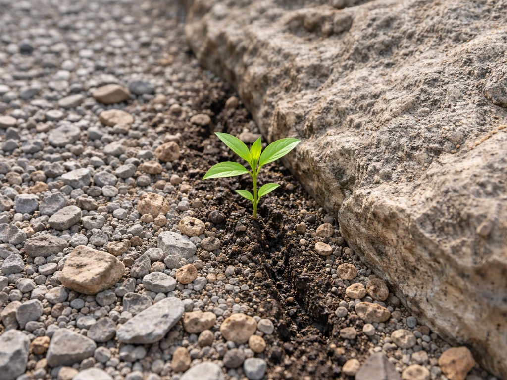 Small plant growing in a thin soil pocket between sharp gravel and exposed rocks on dry ground.