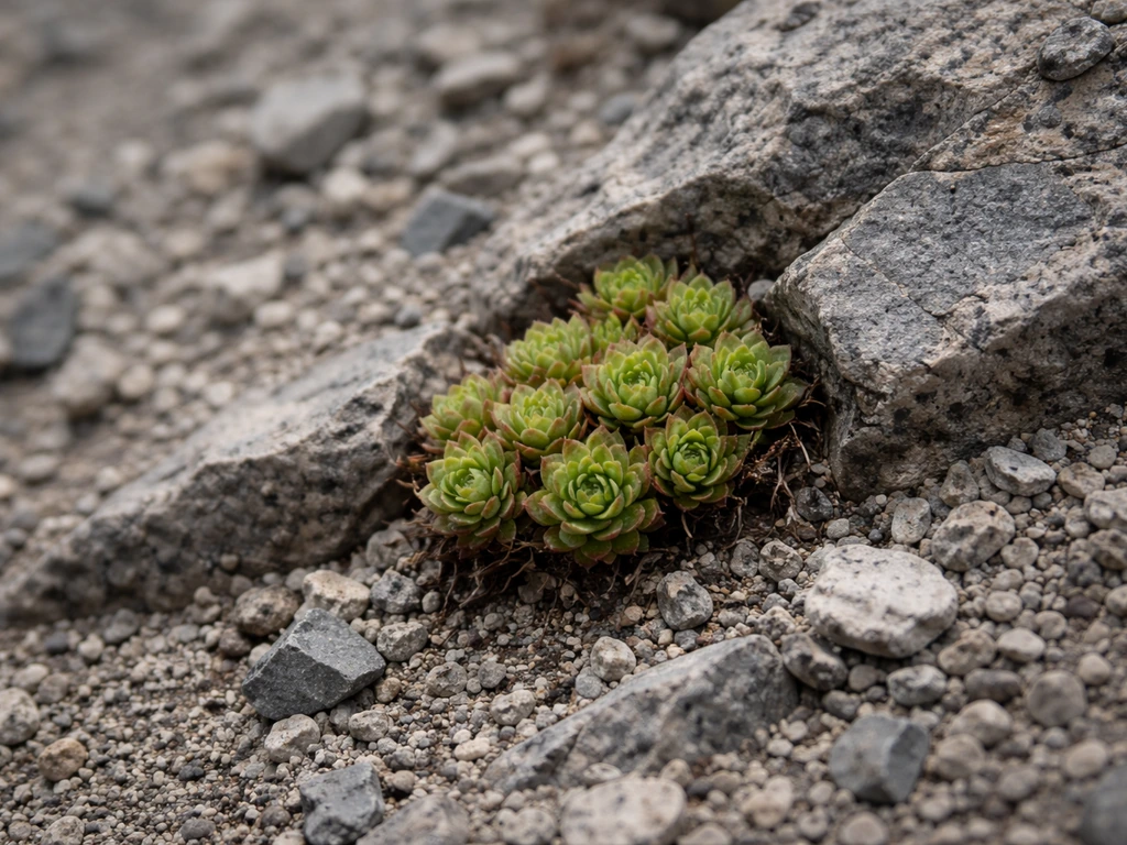 Compact alpine plant rooted in shifting gravel over rock, with loose stones and small green growth.