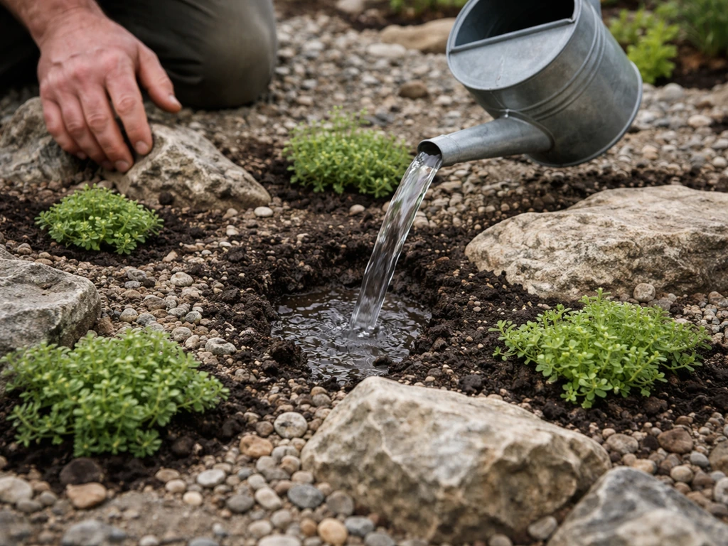 Gardener watering newly planted groundcover pockets in rocky soil with visible spacing gaps.