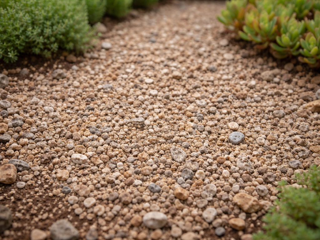 Close-up of fine grit or small rock mulch covering bare soil between plants in a rocky garden bed.